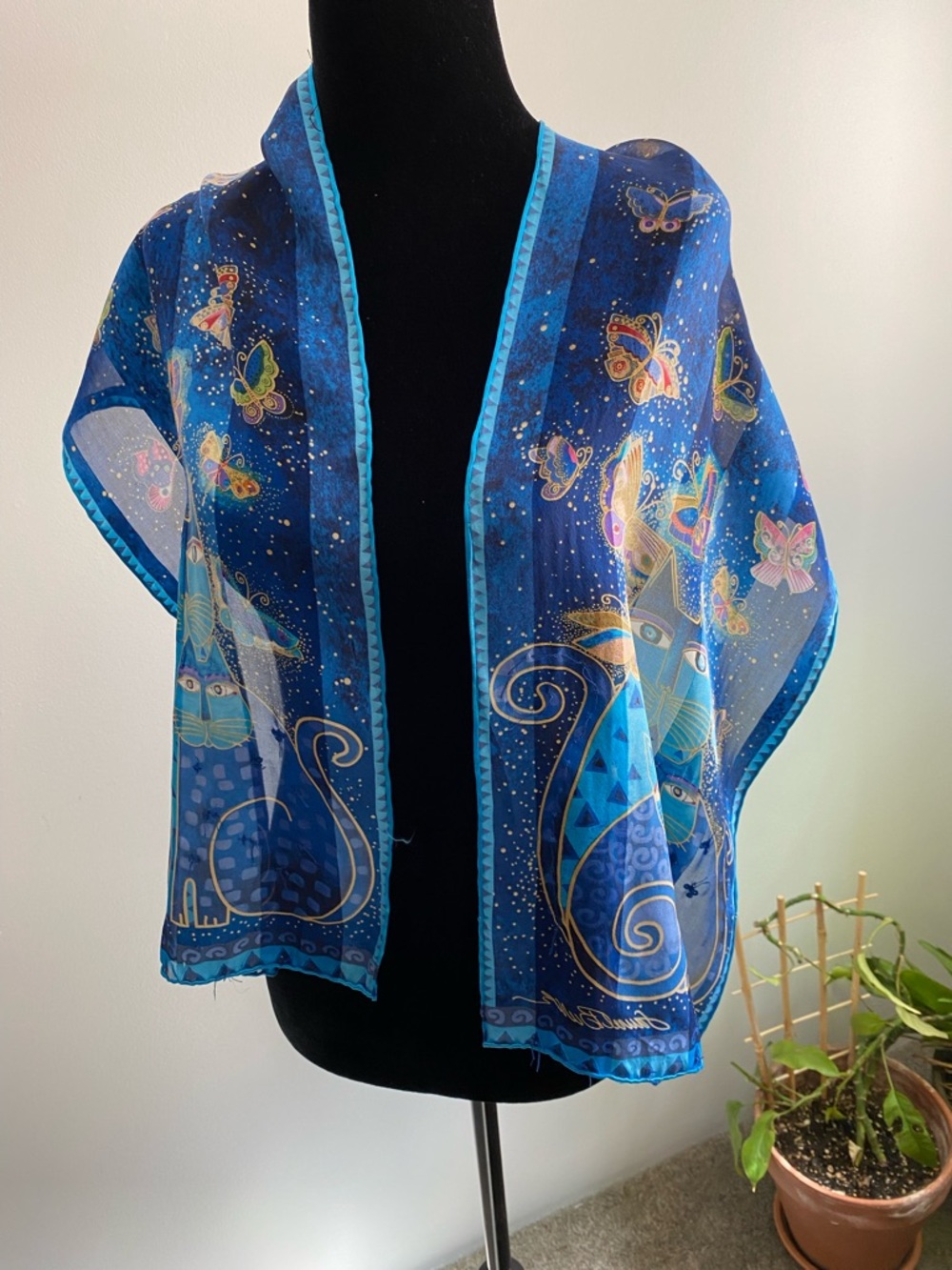 Laurel Burch Vibrant Blue “Indigo Cats and Butterflies” Art to Wear Silk Scarf